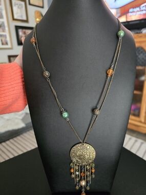 Bohemian Brass-tone Medallion Fringe Pendant Necklace - Orange, Blue, Gold